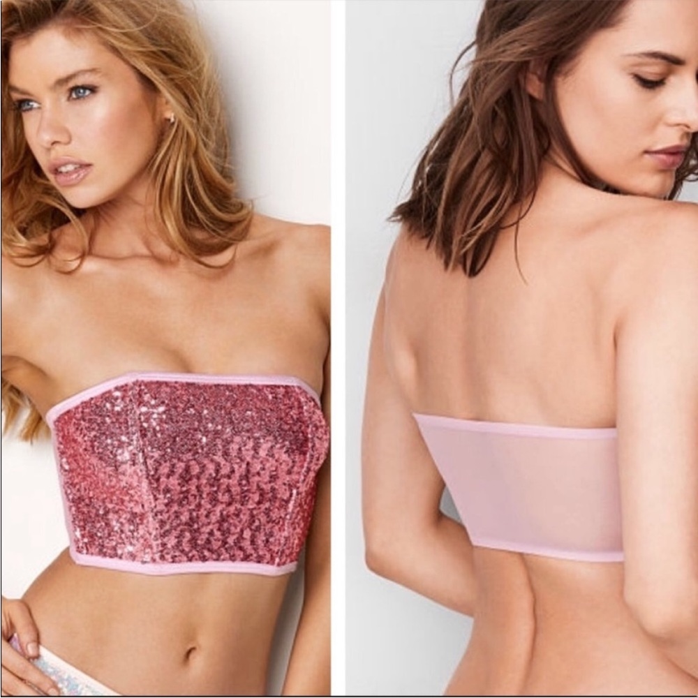 VS Sequin Long Line Bralette bing crop top size S Barbie PINK